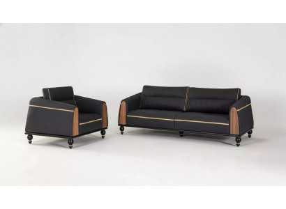 Schwarze Sofas Set Moderne Garnitur Dreisitzer Sessel Stoffmöbel 2tlg