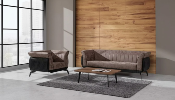 Braune Sofagarnitur Dreisitzer Sessel Arbeitszimmermöbel Couch Set 2 tlg