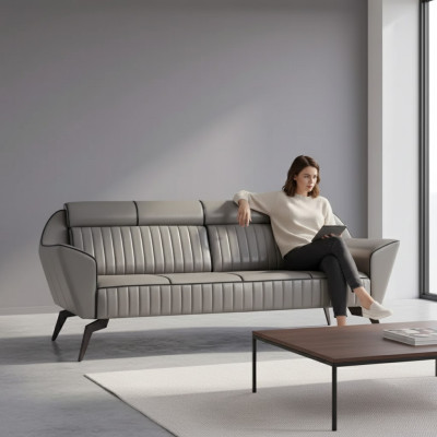Grauer Leder Dreisitzer Arbeitszimmermöbel Designer Holzmöbel Luxus