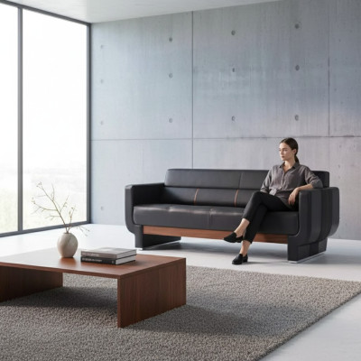Schwarze Dreisitzer Couch Moderne Ledermöbel Büroeinrichtung Polster