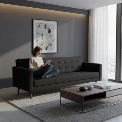 Schwarz Sofa 3 Sitzer Arbeitzimmer Textil Möbel Couch Polster Stoff