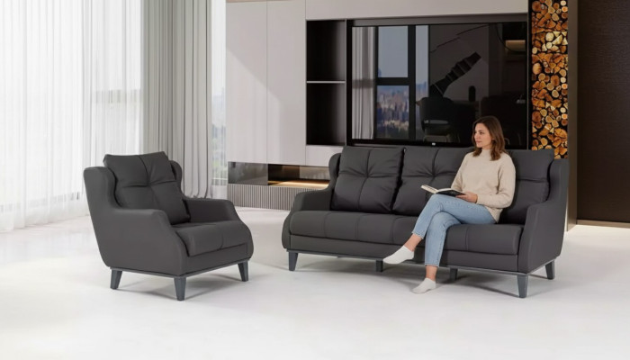 Schwarze Sofagarnitur Sessel Zweisitzer Luxus Modernes Set Polstersitz 2+1