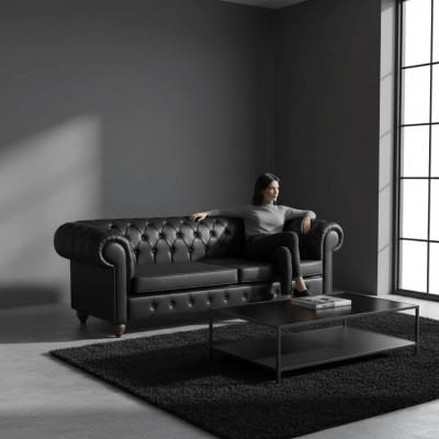 Schwarzer Chesterfield Dreisitzer Büroeinrichtung Couch Luxus Sitzer