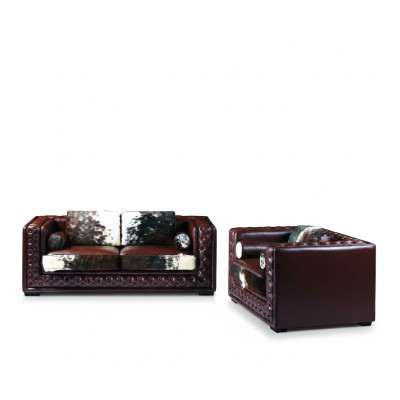 Dunkelrote Chesterfield Sofagarnitur 3+2 Sitzer 2tlg. Leder-Set mit Ponyfell 