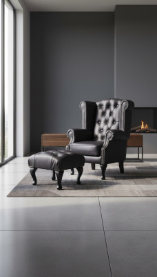 Luxus Ohrensessel und Hocker Chesterfield Sessel Leder Schwarz Modern