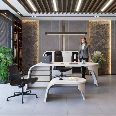 Weißes Büro Set Chef Schreibtisch Oval Couchtisch Aktenschrank Regal 3tlg.