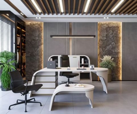 Weißes Büro Set Chef Schreibtisch Oval Couchtisch Aktenschrank Regal 3tlg.