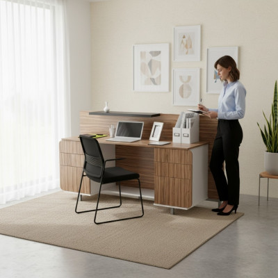 Moderner Empfangstisch Luxus Büro Holz Möbel Braun Rezeption Stilvoll