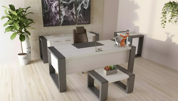 Graue Büro Einrichtung Schreibtisch Aktenschrank Kommode Couchtisch 3tlg. Set