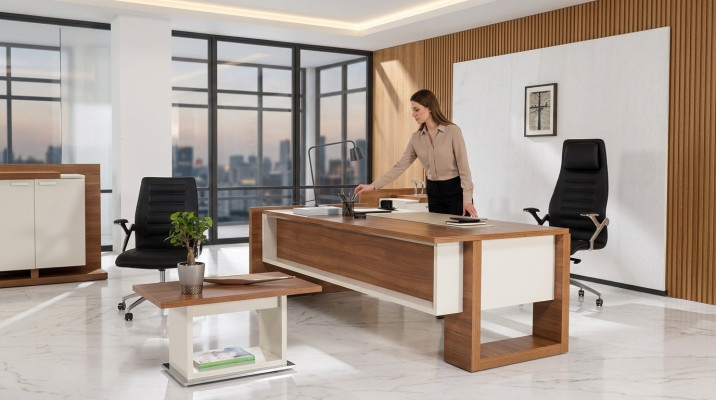 Chef Tisch Schreibtisch Brauner Office Tische Set Büro Einrichtung 3tlg Komplett