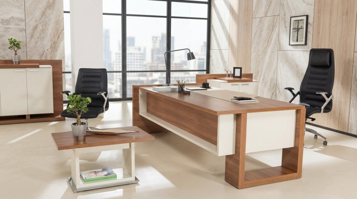 Chef Tisch Schreibtisch Brauner Office Tische Set Büro Einrichtung 3tlg Komplett