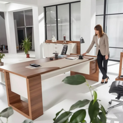 Moderner Schreibtisch Luxus Büromöbel Braun Holz Schubladen Exklusiv