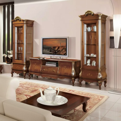 Klassische Wohnzimmerwand RTV 2x Vitrinen Massivholz Möbel TV-Regal Neu