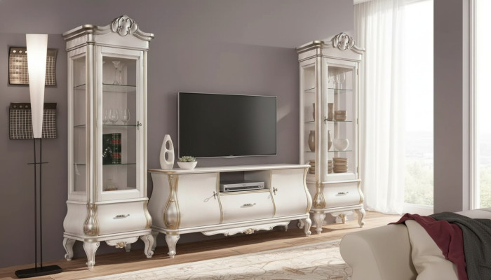 Klassische Weiße Wohnwand TV-Ständen 2x Vitrinen Elegantes Set 3tlg Schrank