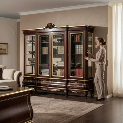 Klassisches Braunes Bücherregal Schubladen Glastüren Massivholz Möbel