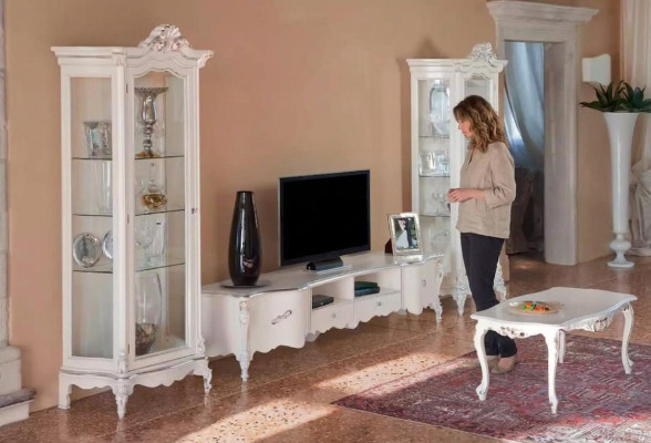 Weiße Wohnzimmer Wohnwand Luxus Möbel TV-Ständer 2x Vitrinen Couchtisch