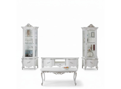 Weißes Wohnzimmer Set TV-Ständer Couchtisch 2x Vitrine Luxus Holzmöbel