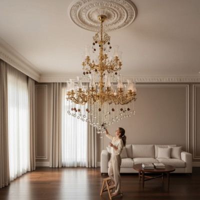 Luxus Deckenleuchte Gold Kronleuchter Deckenlampe Lüster Kristall 130x280cm