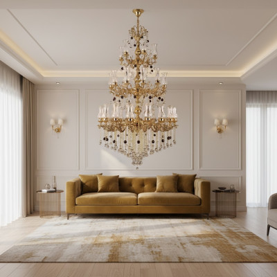 Luxus Deckenleuchte Gold Kronleuchter Deckenlampe Lüster Kristall 130x280cm