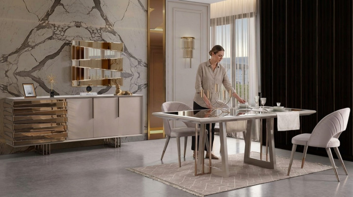 Luxus Essecke Essgruppe Esszimmer Esstisch Stühle Beige Holz Set 8tlg