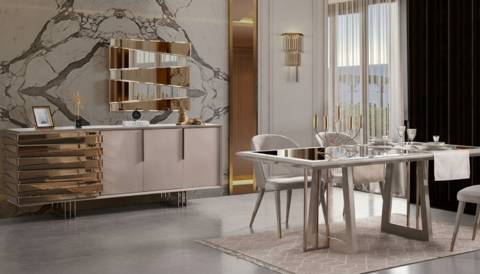 Luxus Essecke Essgruppe Esszimmer Esstisch Stühle Beige Holz Set 8tlg