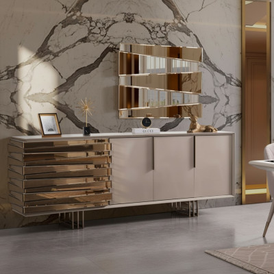 Anrichte Sideboard Kommode Holz Schrank Beige Gold Luxus Wohnzimmer