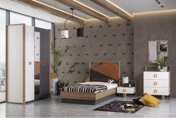Schlafzimmer Garnitur Bett Kinderzimmer Set Designer Grau 5tlg Holz