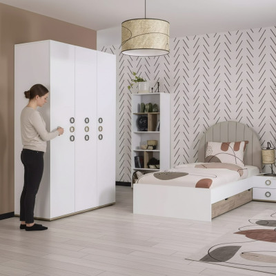 Jugendbett Garnitur Kinderzimmer Nachttisch Bett Holz Weiß Set 4tlg