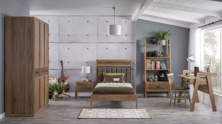 Jugendbett Schlafzimmermöbel Holzbett Komplette Bett Braun Set 5tlg
