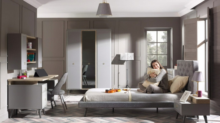 Komplete Jugendbett Kindermöbel Kinderzimmer Bett Holz Grau Set 5tlg