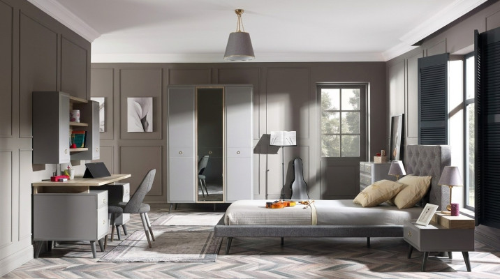 Jugendbett Schlafzimmermöbel Holzbett Komplette Bett Grau Set 5tlg