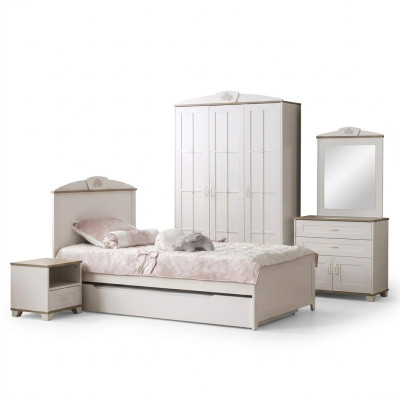 Kinderbett Funktionsbett Holzbett Ausziehbares Bett Weiß Set 5tlg Neu
