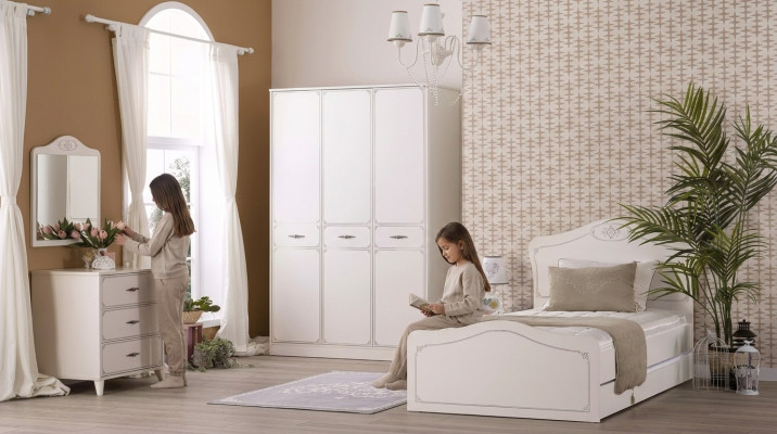 Garnitur Bett Jugendbett Funktionsbett Ausziehbares Set 5tlg Holz Weiß