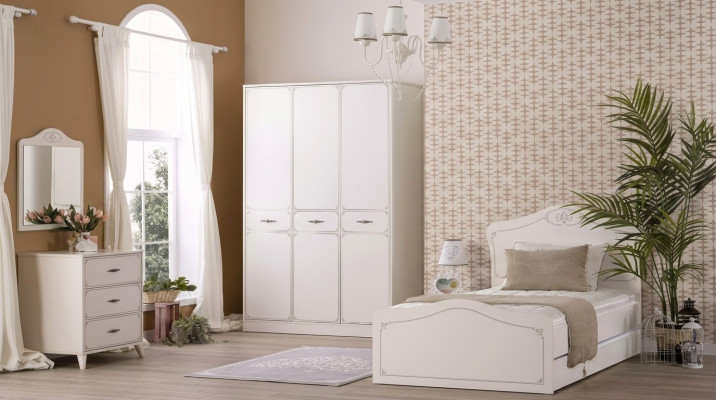Garnitur Bett Jugendbett Funktionsbett Ausziehbares Set 5tlg Holz Weiß