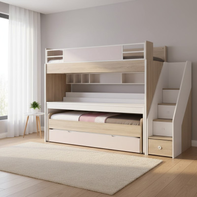 Etagenbett Bett mit 3 Schlafplätzen Multifunktionsbett Holz Rosa Luxus Hochbett