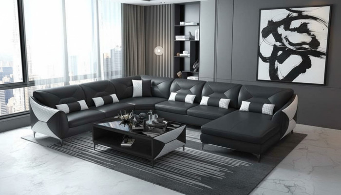 Groß Wohnlandschaft Sofa U Form Ecksofa Ledersofa Schwarz Kunstleder