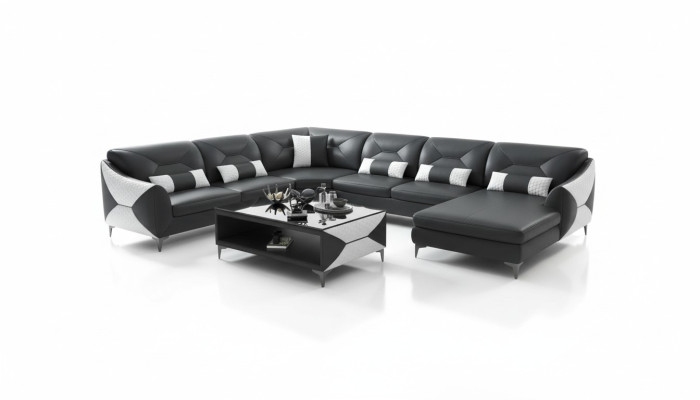 Groß Wohnlandschaft Sofa U Form Ecksofa Ledersofa Schwarz Kunstleder