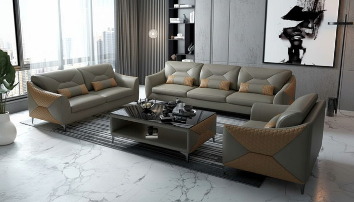 Garnitur Sofagarnitur Couchgarnitur 321 Sitzer Ledersofa Couch Grau
