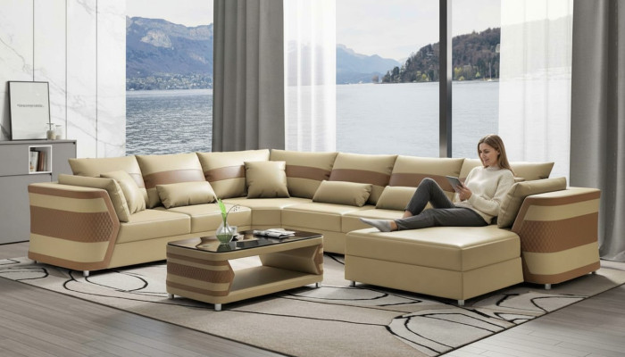 Wohnlandschaft xxl Sofa U Form Groß Ecksofa Ledersofa Beige Sofas Couchen