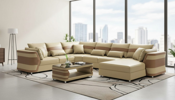 Wohnlandschaft xxl Sofa U Form Groß Ecksofa Ledersofa Beige Sofas Couchen
