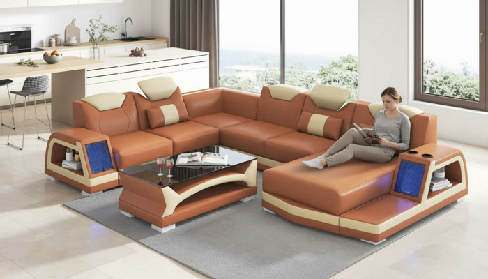 Ecksofa Modern Wohnlandschaft Sofa U Form Groß Ledersofa Braun Sofas