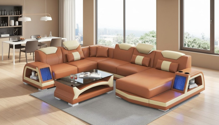 Ecksofa Modern Wohnlandschaft Sofa U Form Groß Ledersofa Braun Sofas