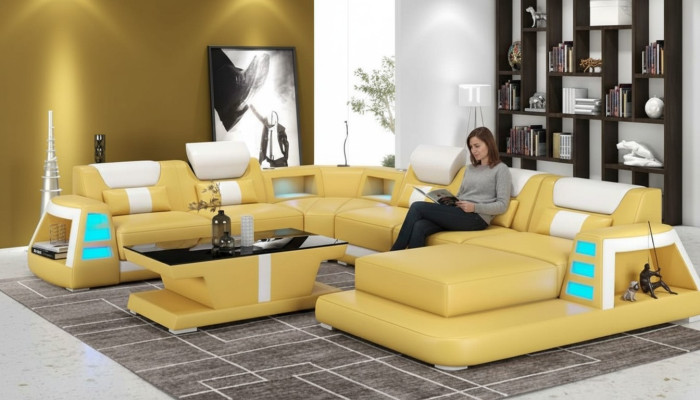 Couch Zeitgenössisch Ecksofa U Form Gelb Wohnlandschaft Ledersofa Sofa