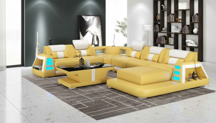 Couch Zeitgenössisch Ecksofa U Form Gelb Wohnlandschaft Ledersofa Sofa