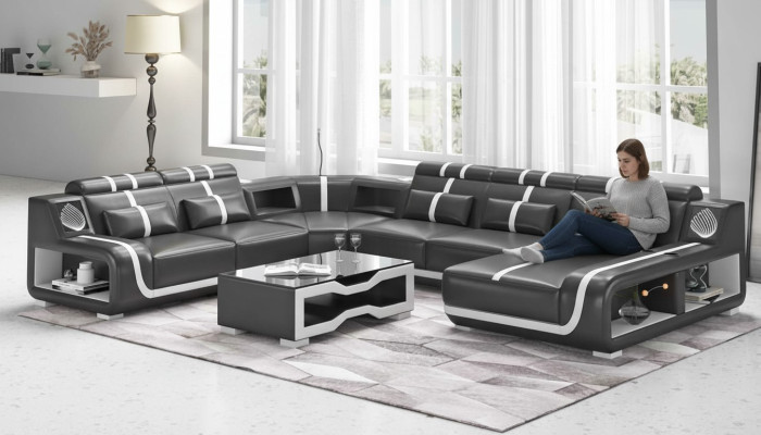 Wohnlandschaft XXL Sofa U Form Groß Ecksofa Ledersofa Schwarz Sofas