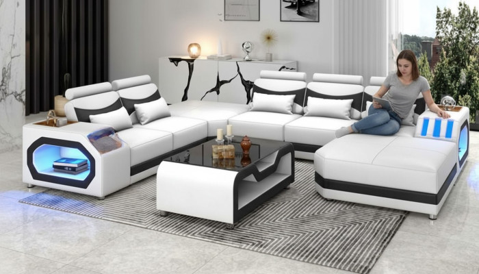 Wohnlandschaft Großes Sofa XXL U Form Ecksofa Ledersofa Weiß Sofas