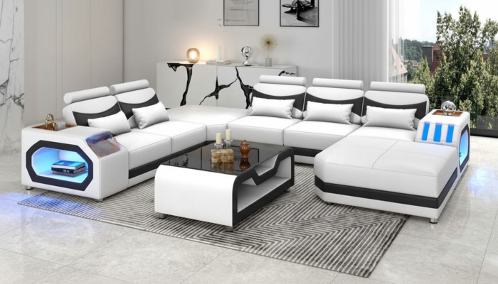 Wohnlandschaft Großes Sofa XXL U Form Ecksofa Ledersofa Weiß Sofas