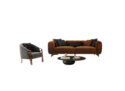 Couchgarnitur Dreisitzer Sessel Braun Stoffsofa Set Komplette Sofa