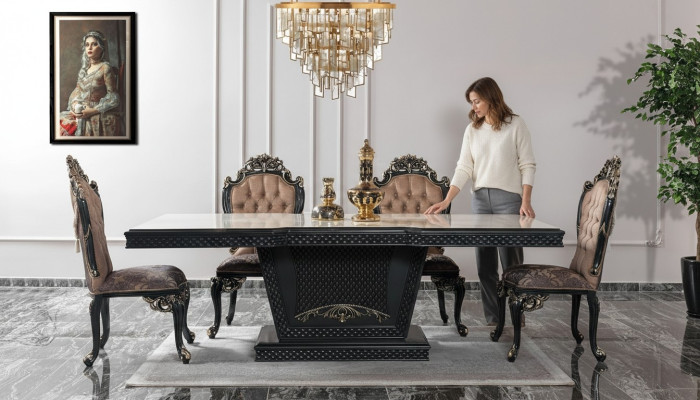 Essecke Essgruppe Esszimmer Esstisch Stühle Holz Set 9tlg Grau Barock