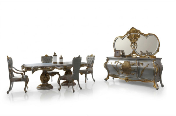 Esszimmer Garnitur Essecke Esstisch Stühle Holz Set 9tlg Grau Barock